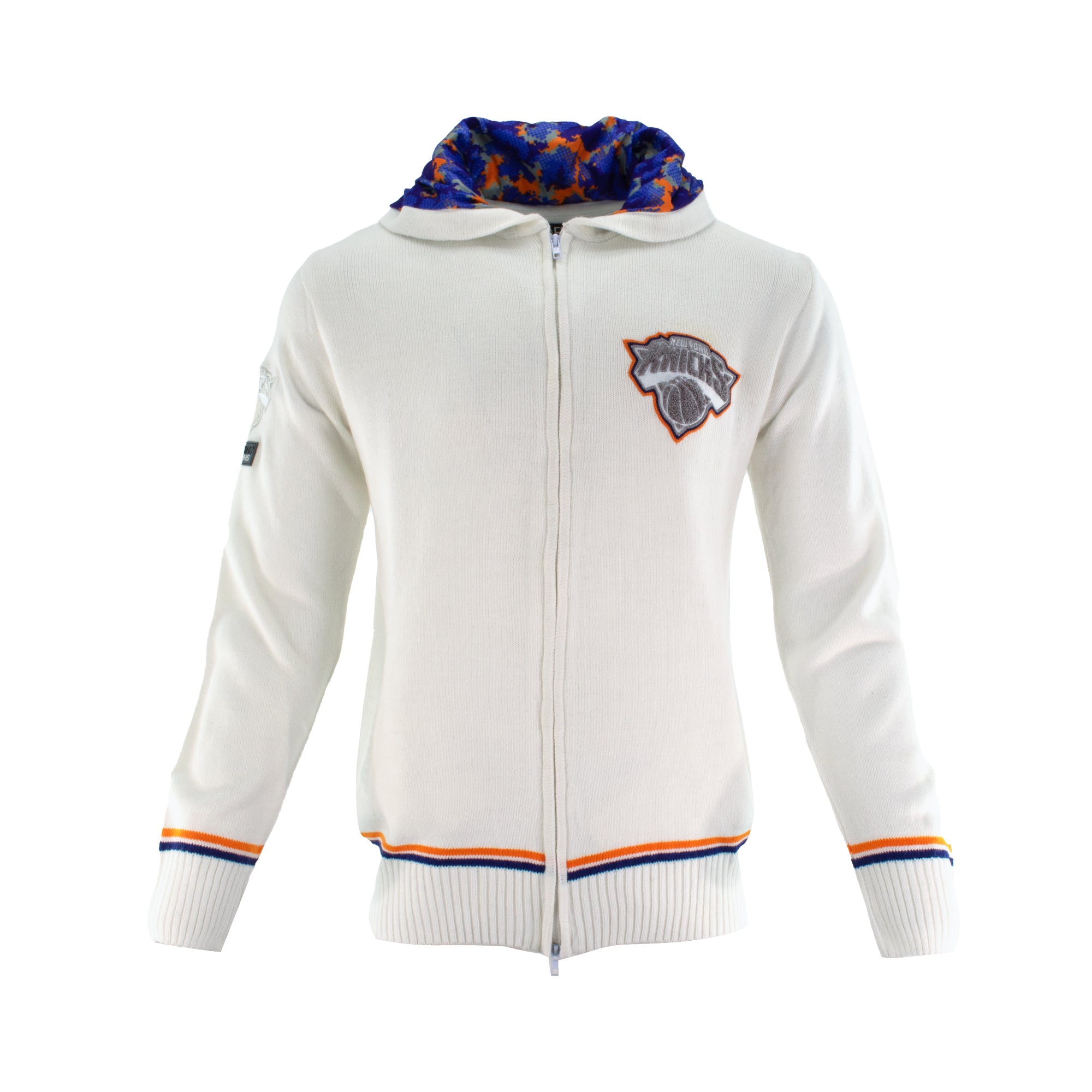 Knicks Shadow Legacy Full Zip Knit Sweater with Chenille Applique Embroidery - White