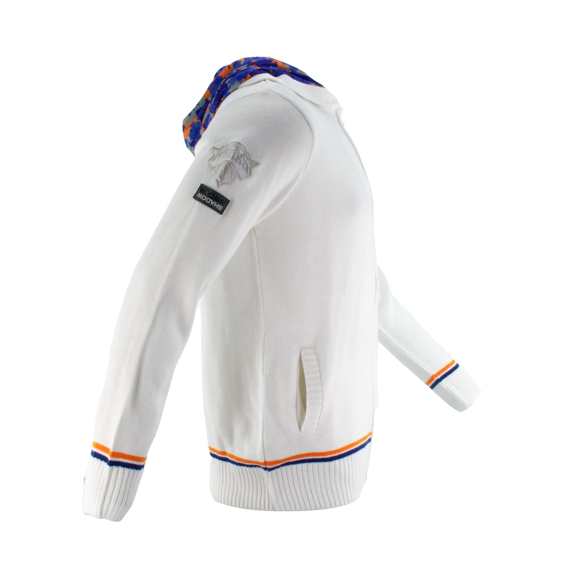 Knicks Shadow Legacy Full Zip Knit Sweater with Chenille Applique Embroidery - White