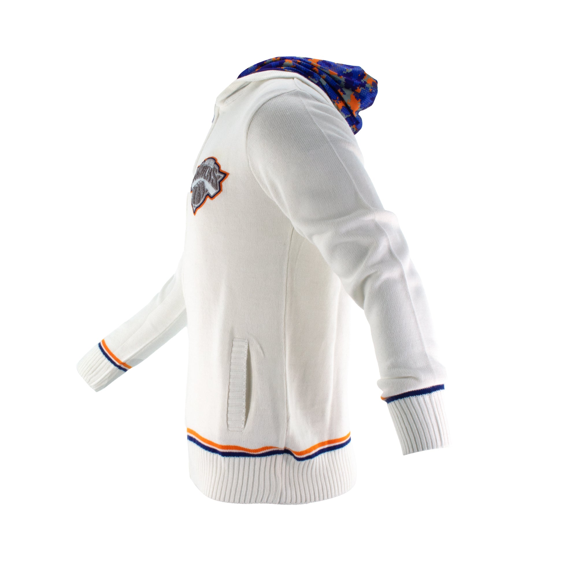 Knicks Shadow Legacy Full Zip Knit Sweater with Chenille Applique Embroidery - White