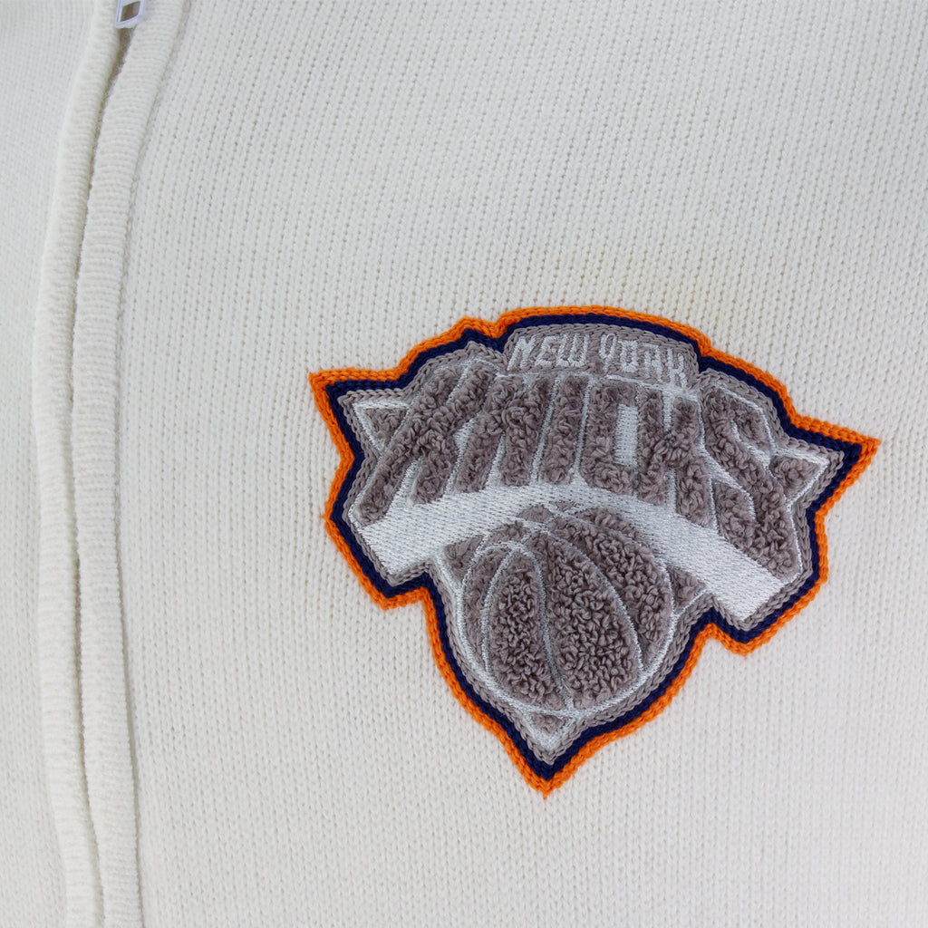 Knicks Shadow Legacy Full Zip Knit Sweater with Chenille Applique Embroidery - White