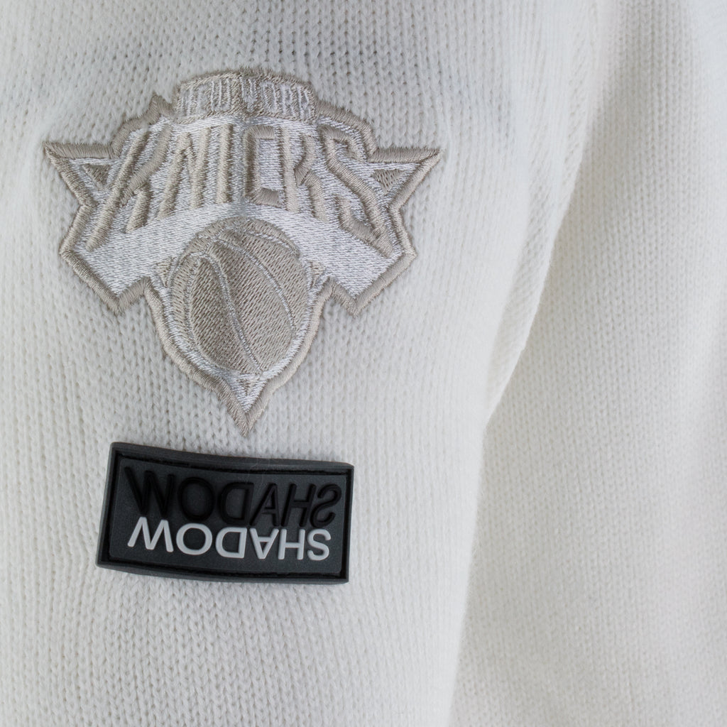 Knicks Shadow Legacy Full Zip Knit Sweater with Chenille Applique Embroidery - White
