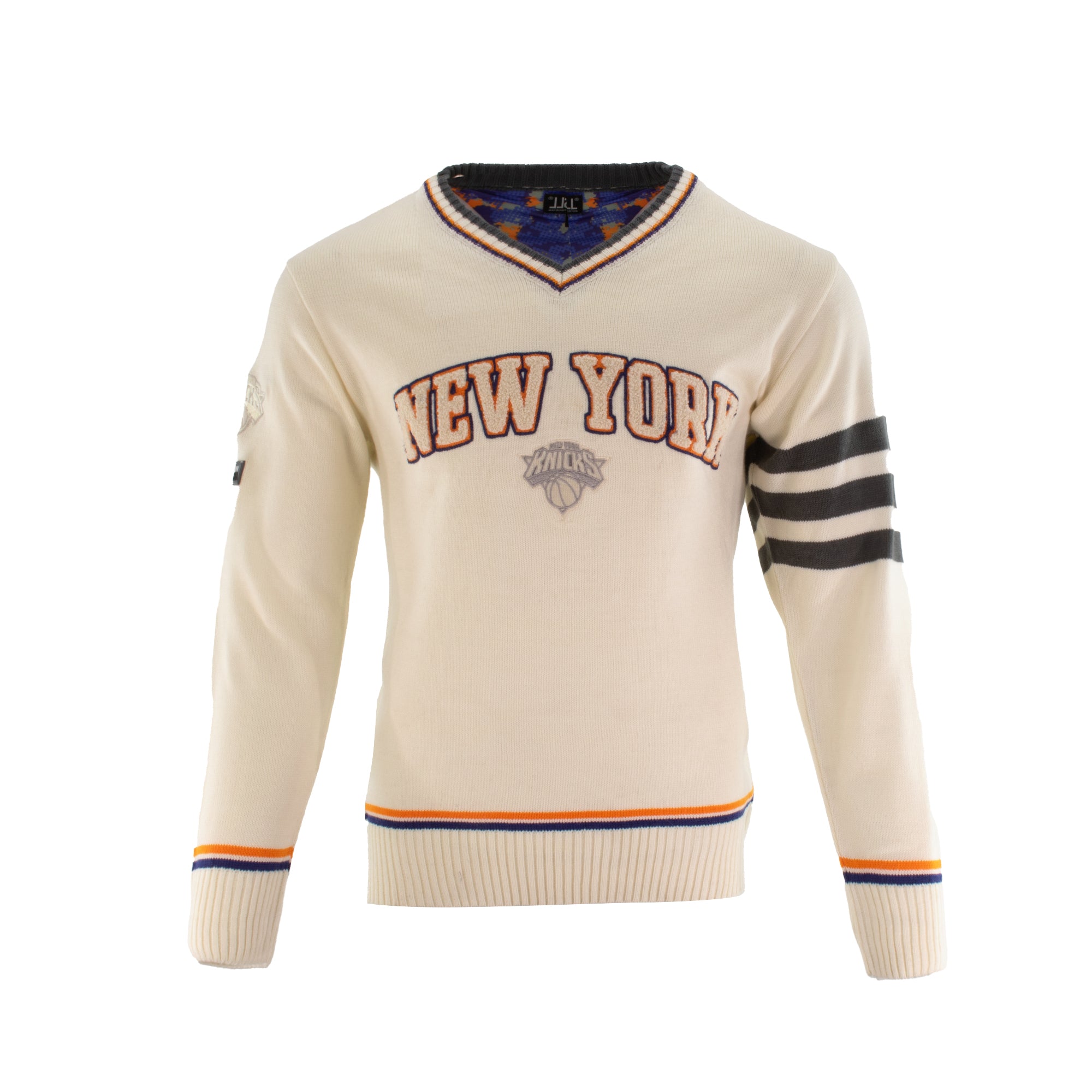 Knicks Shadow Legacy V Neck Sweater with Applique Embroidery - Cream