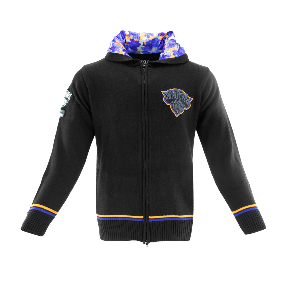 Knicks Shadow Legacy Full Zip Knit Sweater with Chenille Applique Embroidery - Black