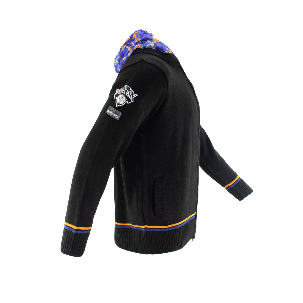 Knicks Shadow Legacy Full Zip Knit Sweater with Chenille Applique Embroidery - Black