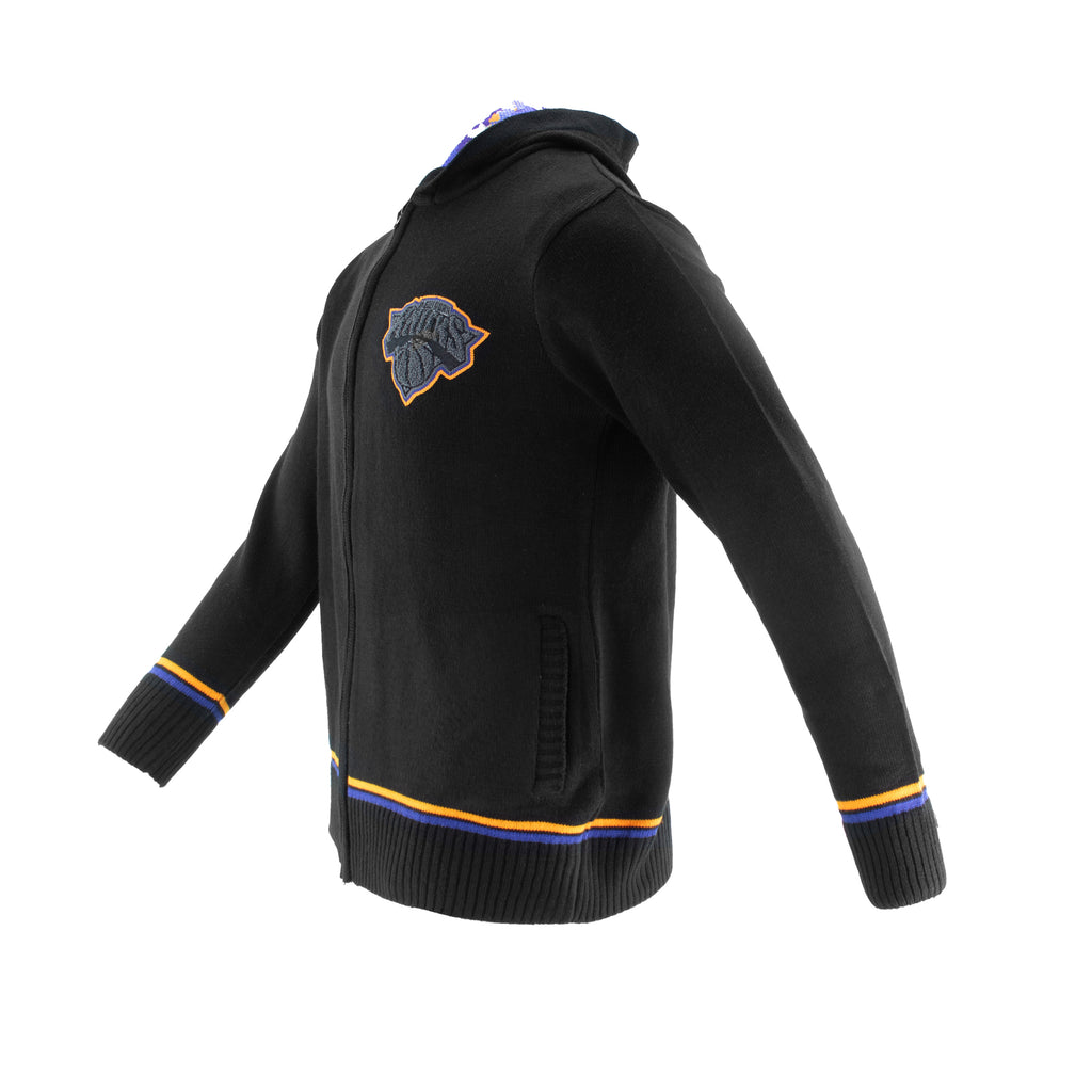 Knicks Shadow Legacy Full Zip Knit Sweater with Chenille Applique Embroidery - Black