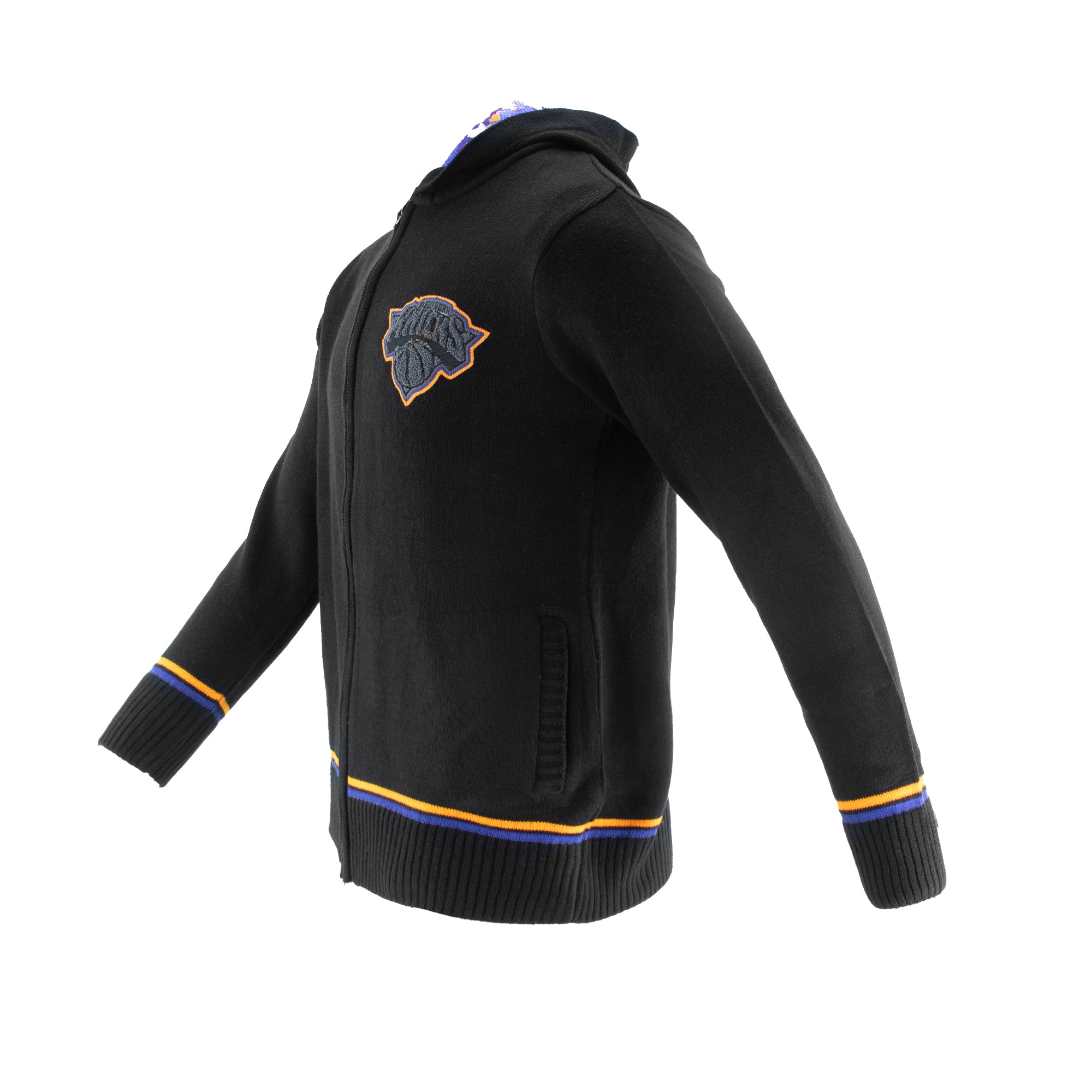 Knicks Shadow Legacy Full Zip Knit Sweater with Chenille Applique Embroidery - Black