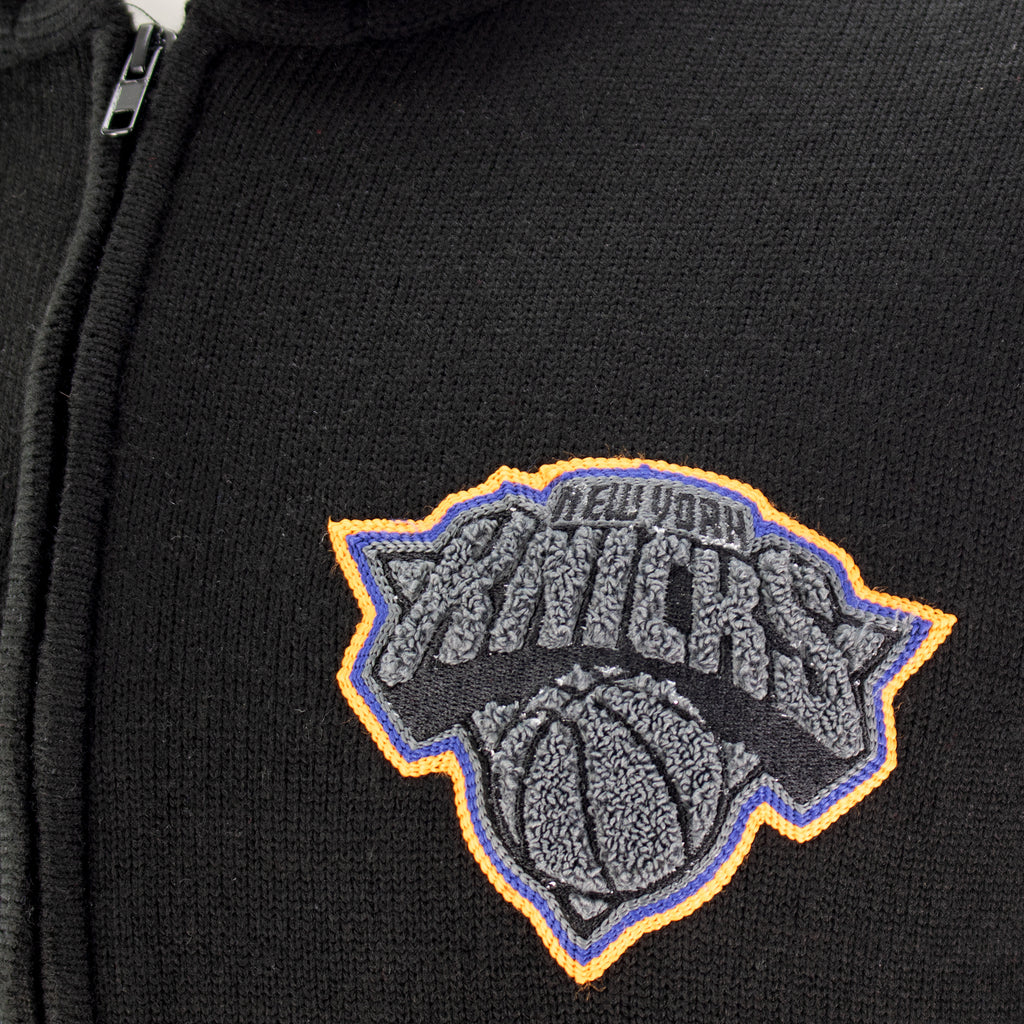 Knicks Shadow Legacy Full Zip Knit Sweater with Chenille Applique Embroidery - Black
