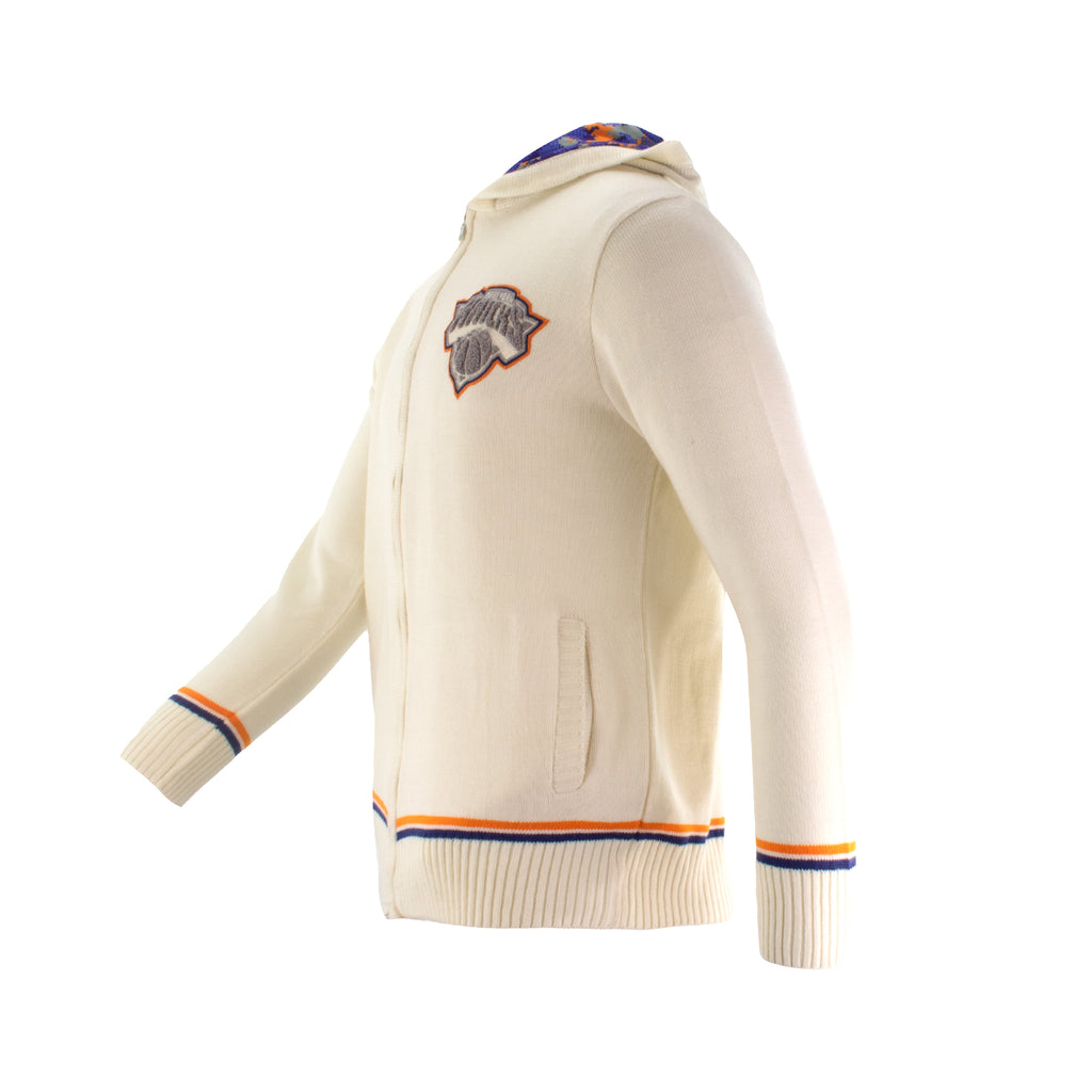 Knicks Shadow Legacy Full Zip Knit Sweater with Chenille Applique Embroidery - Cream