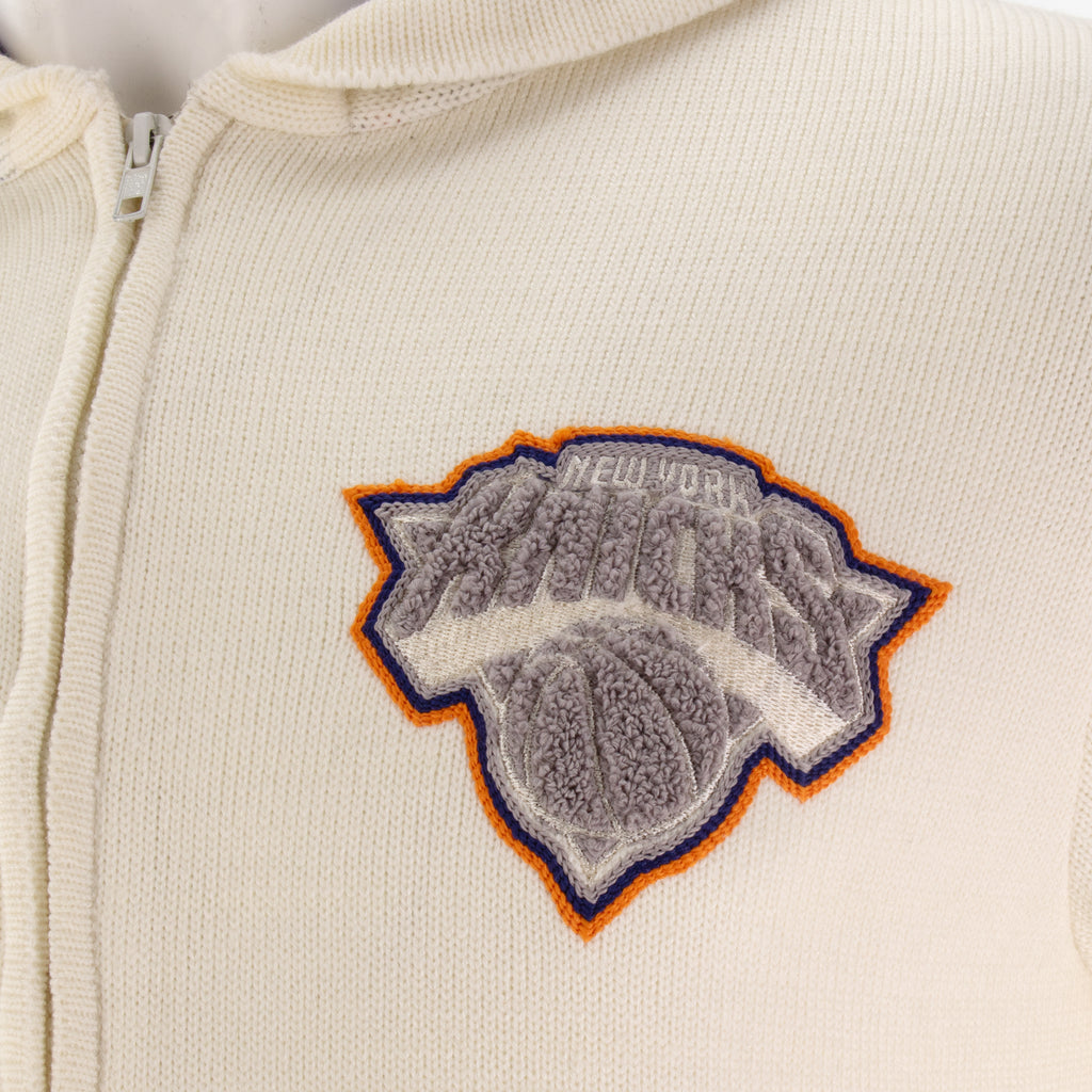 Knicks Shadow Legacy Full Zip Knit Sweater with Chenille Applique Embroidery - Cream