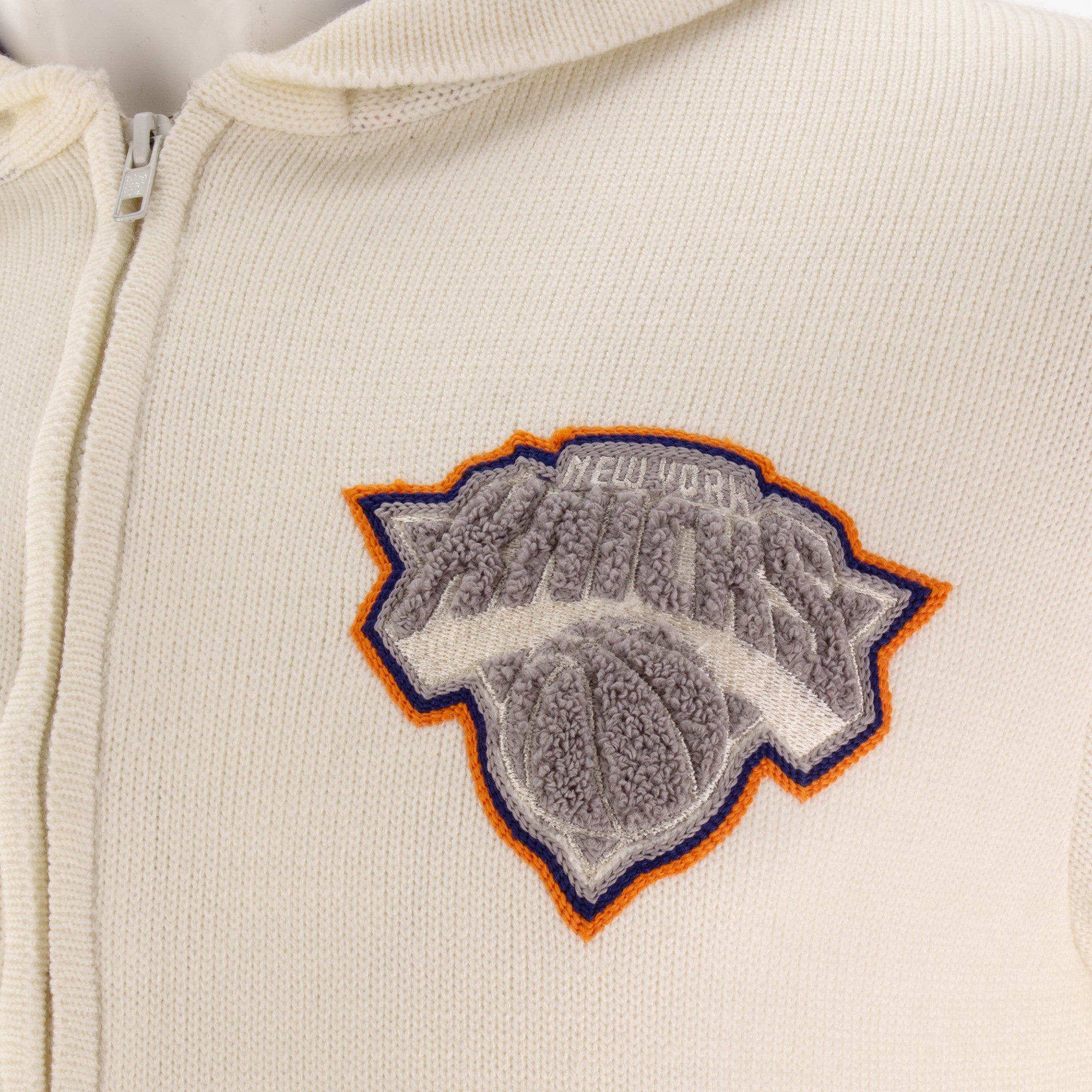 Knicks Shadow Legacy Full Zip Knit Sweater with Chenille Applique Embroidery - Cream
