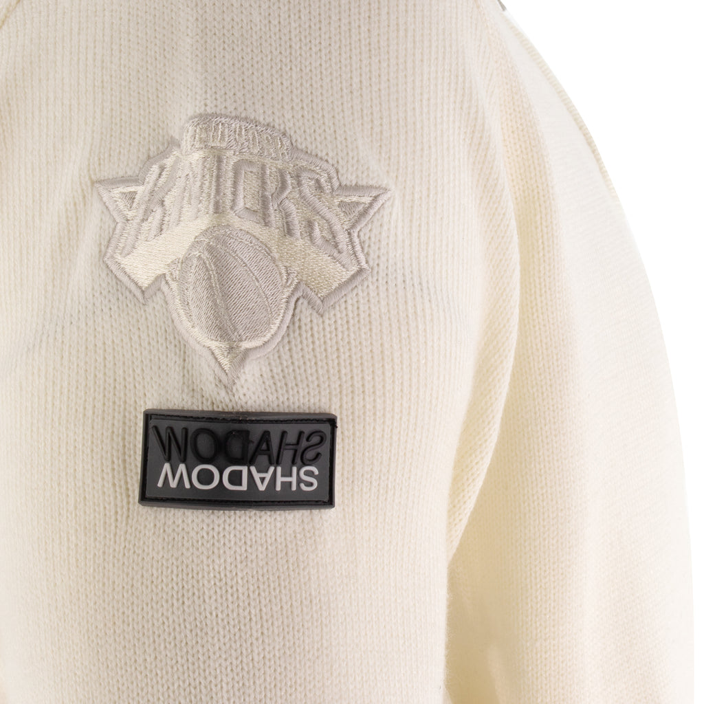 Knicks Shadow Legacy Full Zip Knit Sweater with Chenille Applique Embroidery - Cream