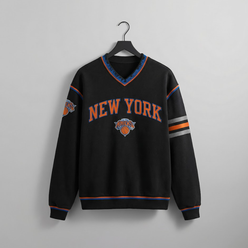 Knicks Shadow Legacy V Neck Sweater with Applique Embroidery - Black