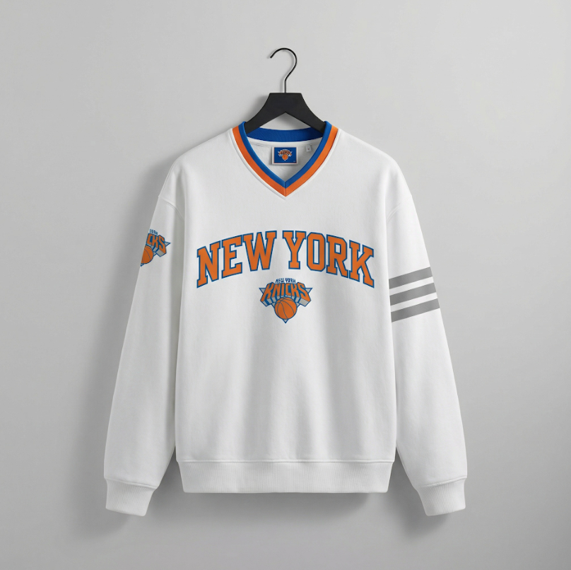 Knicks Shadow Legacy V Neck Sweater with Applique Embroidery - White